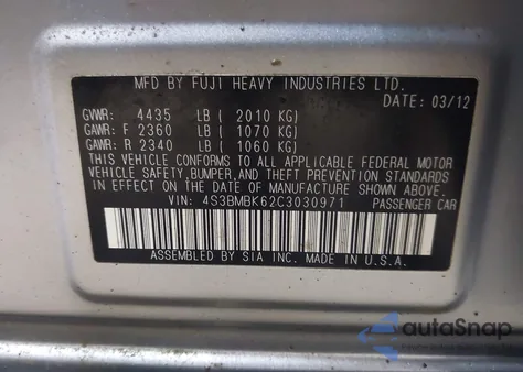 2012 Subaru Legacy 2.5I Limited из США, поврежденный, VIN 4S3BMBK62C3030971